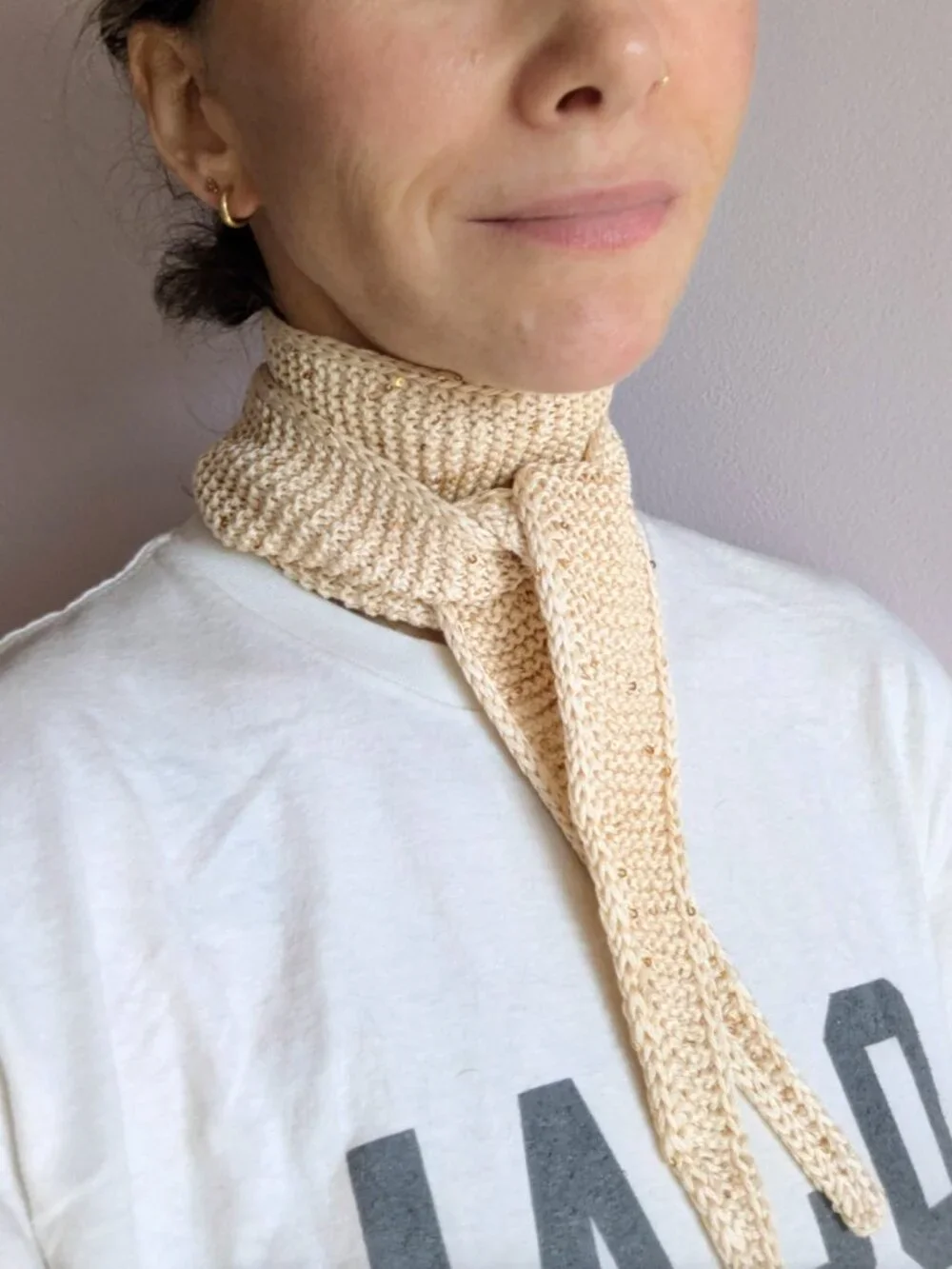 Handmade Sophie Scarf Linen Sequin Neck Tie Minimalist OS Ivory Gold